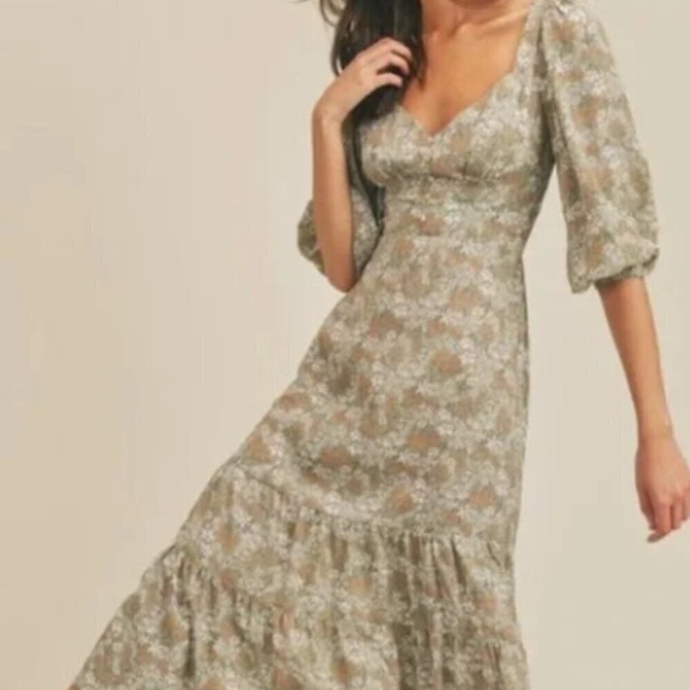 Lush Boho Cottagecore Floral Semi Backless 3/4 Sleeved Midi Dress - Picture 1 of 7